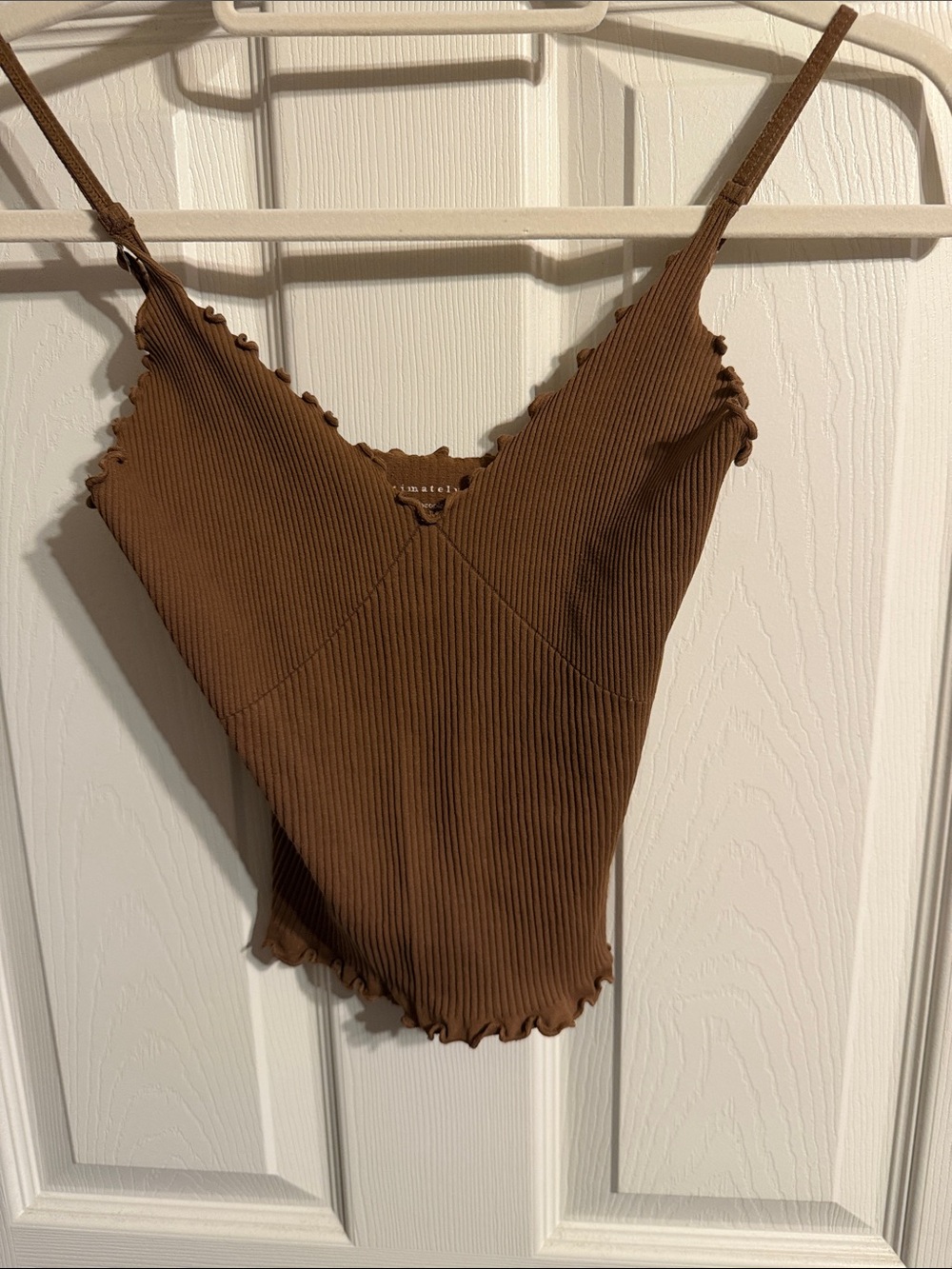 Brown Ribbed V-Neck Lettuce-Edge Cami